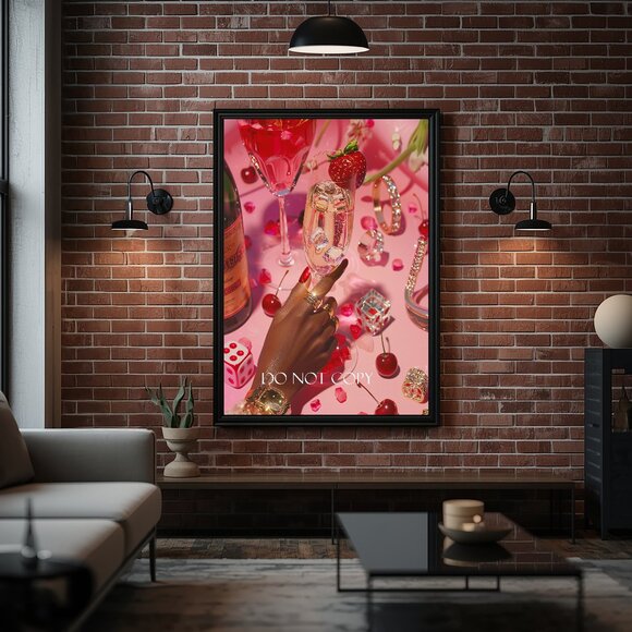 Abstract Whiskey Art Print 11x17 - Red & Pink Modern Art in Black Frame - Picture 5 of 8